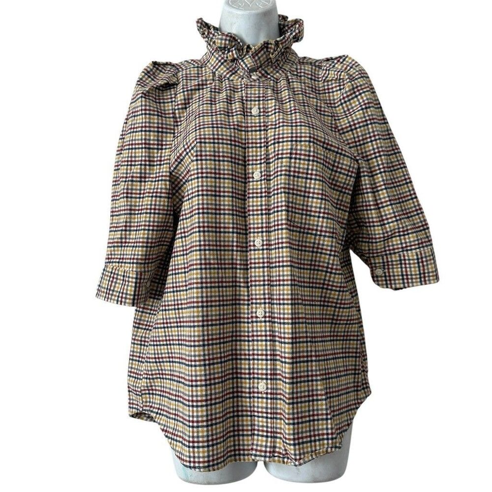 KMJ Kate McHale Jensen Blouse Womens S Multicolor Plaid Ruffle High Neck Top